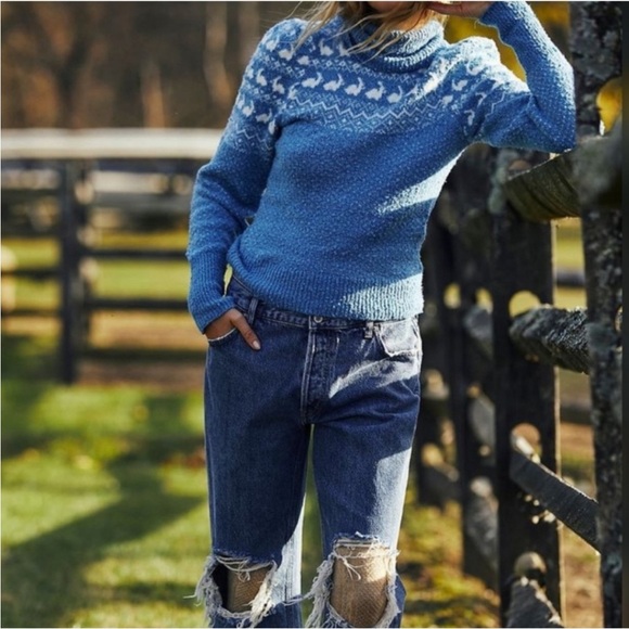 Free People Love Notes Bunny Fair Isle Turtleneck Fitted Cotton Blend Sweater XS - Picture 1 of 11